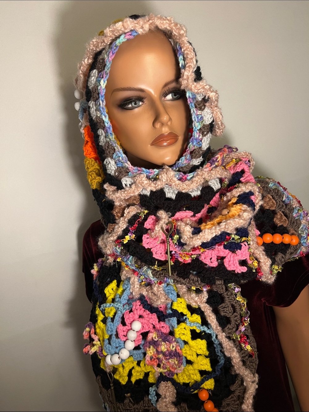 Bohemian Multicolor Crochet Wrap Scarf  Bead Accents   Handmade